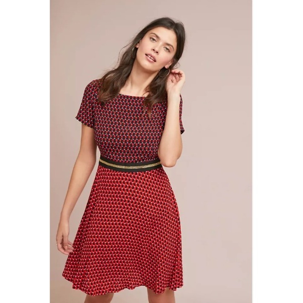 Anthropologie Maeve Amici Colorblocked Dress Red Black Fit & Flare Retro Twee 2
